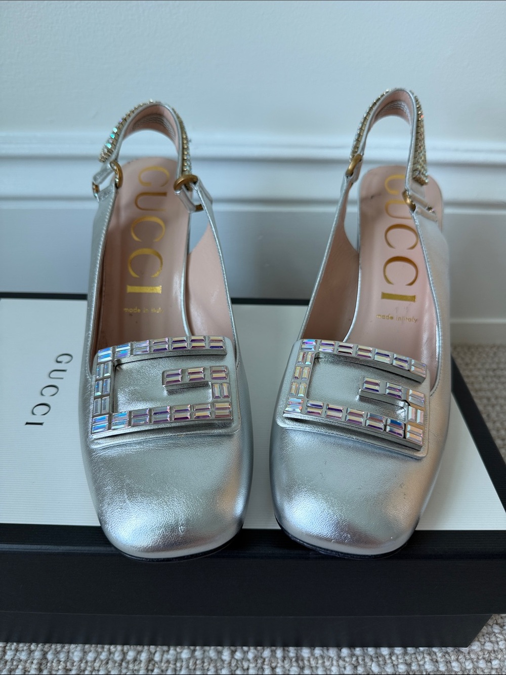 Gucci Metallic Silver Crystal-Trim Slingback Heels
